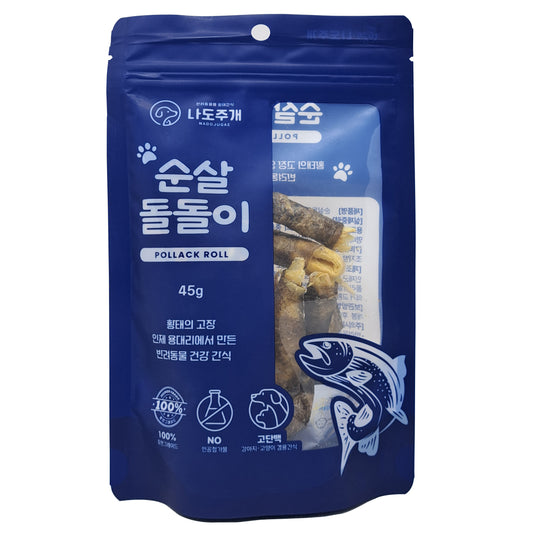 100% Natural Human- Grade Low Salted Pollack Fish Snacks Roll / All Breeds & Sizes/ PET food / Dog & Cat Food 45g (1.59 oz) 순살 돌돌이 pollack roll