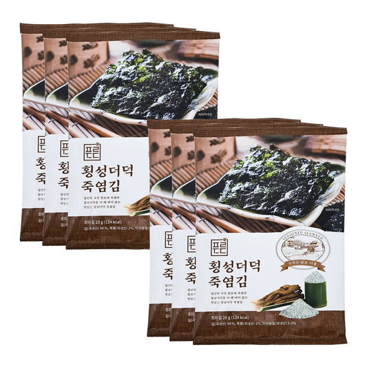 Korea Premium Quality Roasted Seaweed Laver Snack/ Nori Seaweed Sheets/ Hoengseong Deodeok Seasoned Seaweed 5 Full Sheets 6Pack 20gx6 (120g / 4.22oz 30sheet) 횡성더덕 죽염김