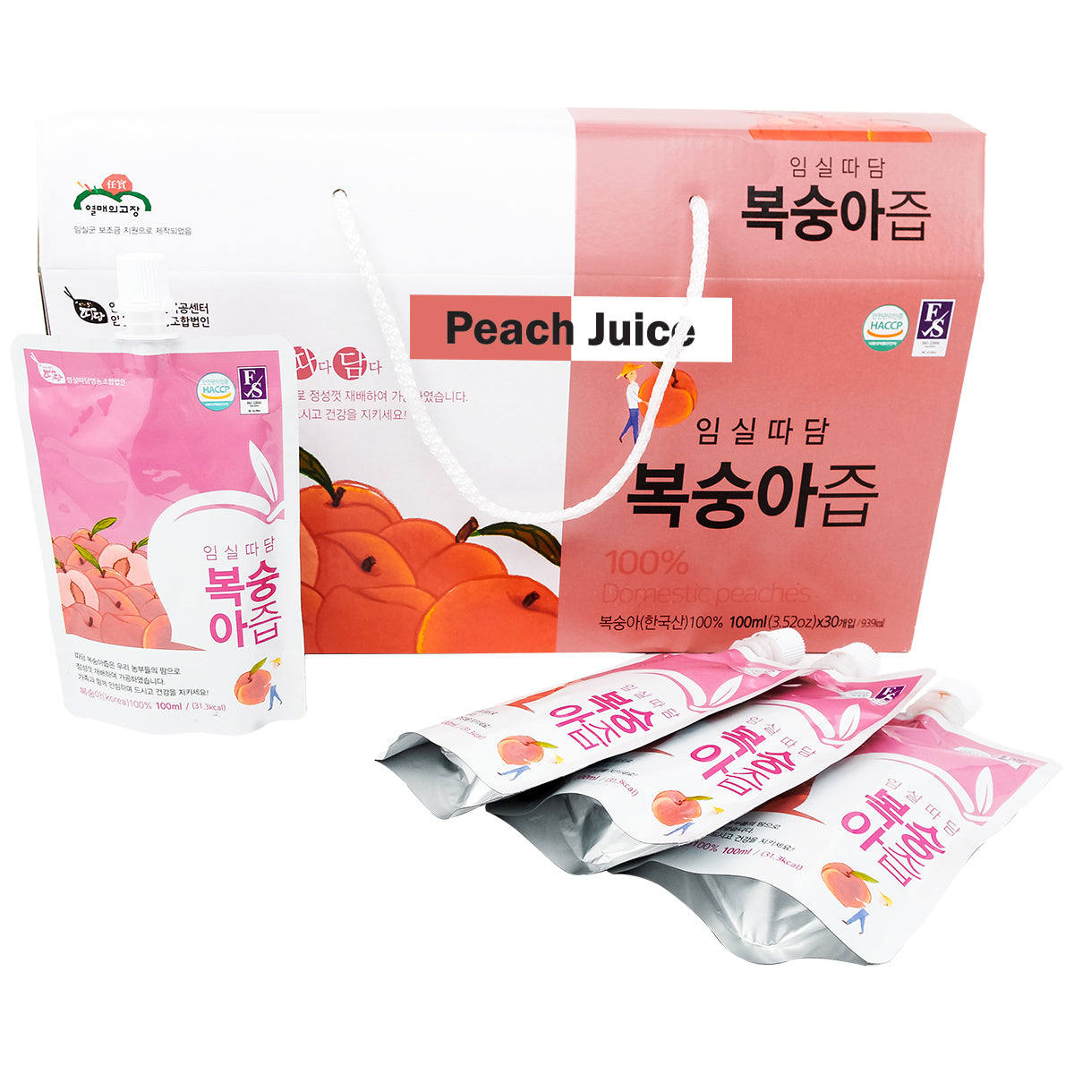 Ttadam Natural Peach Juice, 100 ml per Pack, 30 Pack per Box 복숭아 즙, 복숭아 쥬스